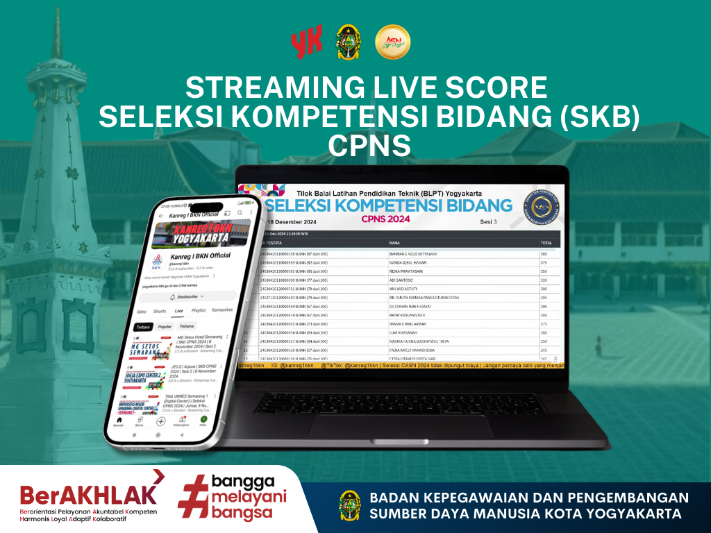 STREAMING LIVE SCORE SELEKSI KOMPETENSI BIDANG (SKB) CPNS DI LINGKUNGAN PEMERINTAH KOTA YOGYAKARTA FORMASI TAHUN ANGGARAN 2024